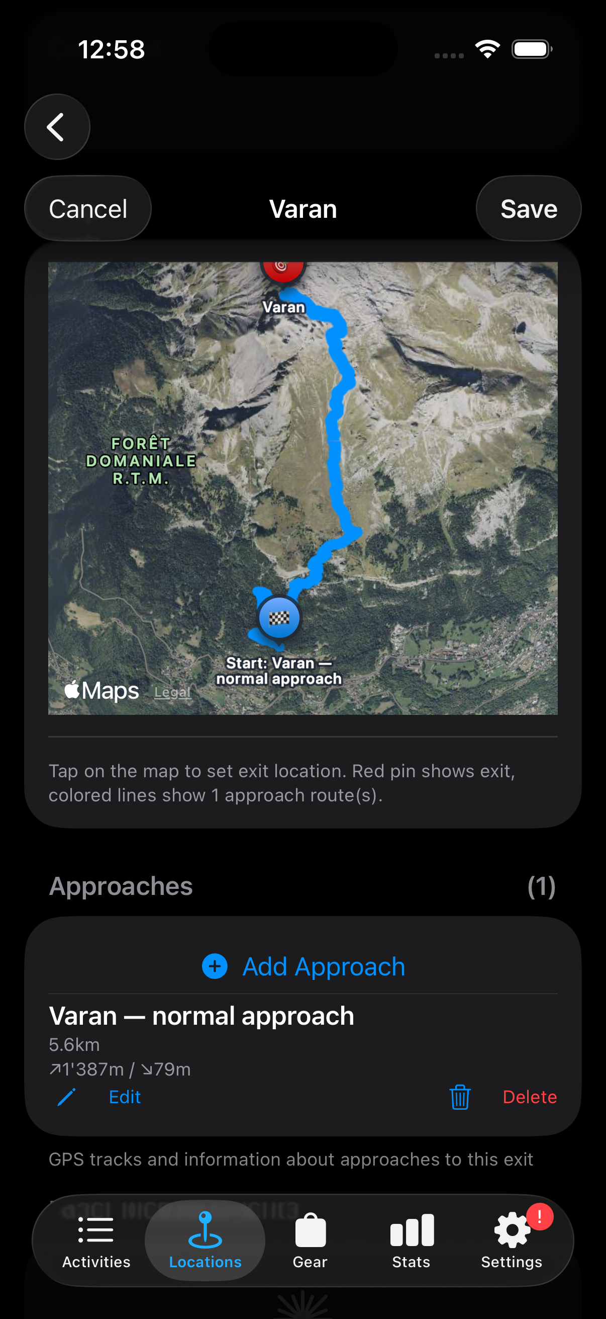 Approach route to Varan with GPX track overlay