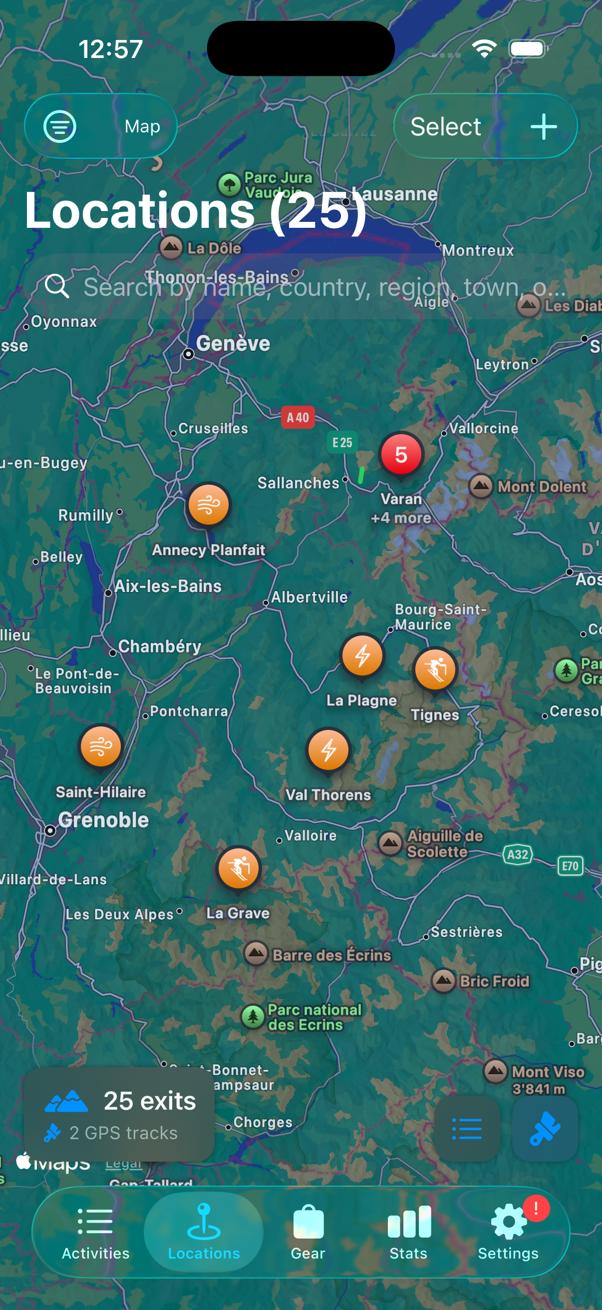 Locations map view with 25 exits